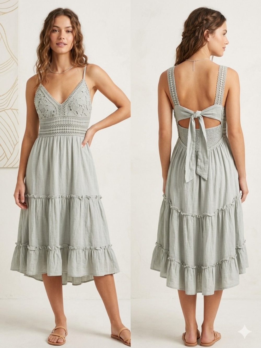 Sleeveless Crochet Bodice Tie-Back Midi Dress - Sage